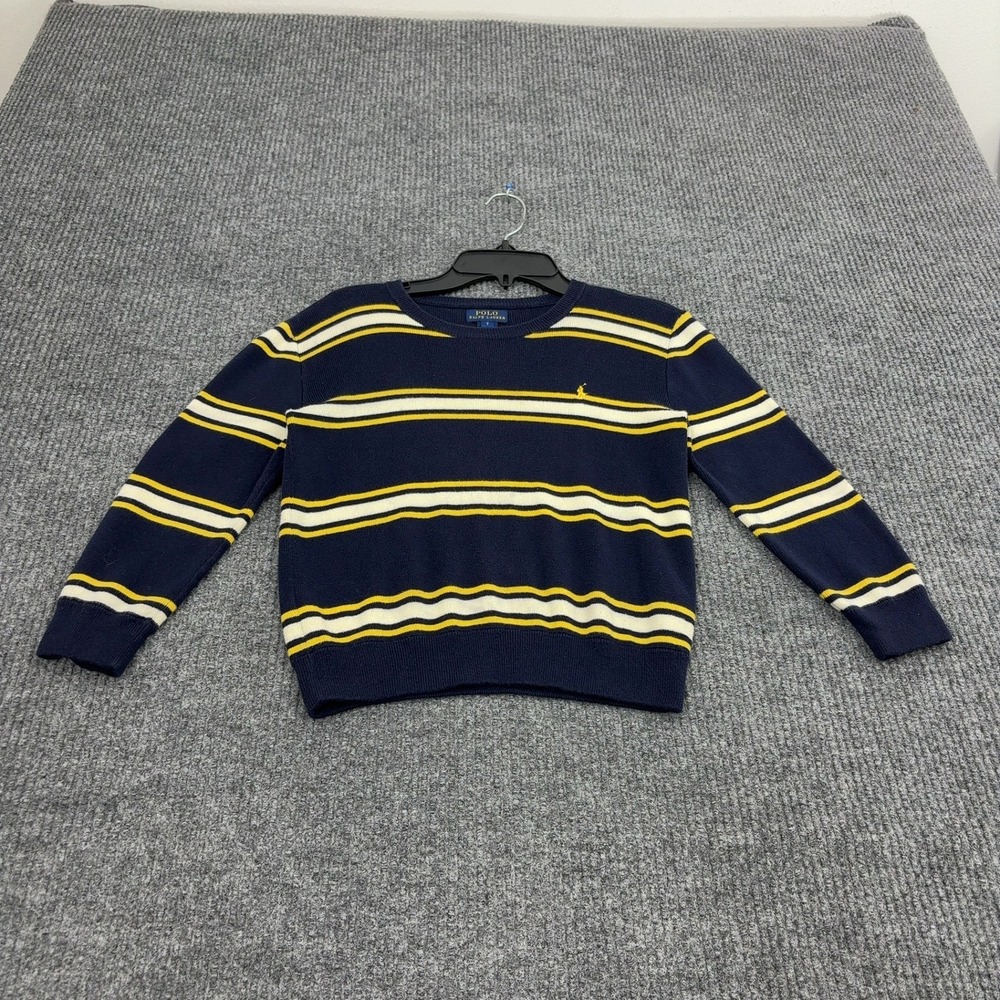 Polo Ralph Lauren Sweater Boys 7 Navy Blue Cotton Striped Crew Neck Preppy Style